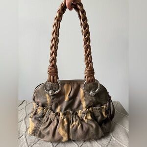 VTG B. Makowsky Caroline Bag Camouflage Bronze Leather Braided Double Handles